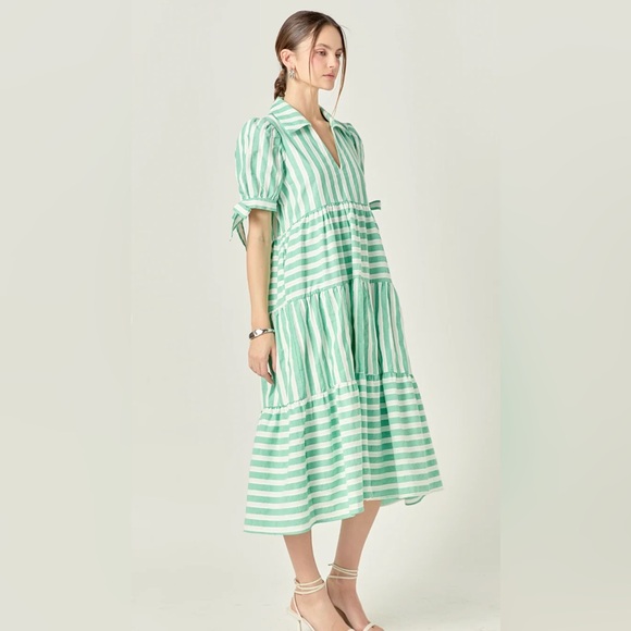 English Factory Green and White Striped Tiered Dress Sz M - Picture 1 of 12